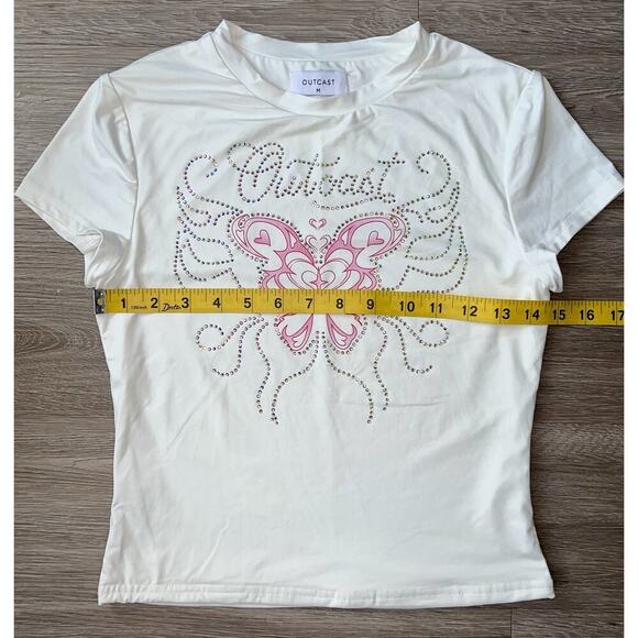 Outcast Pink Butterfly Rhinestone Graphic Tee – Y2K Baby Tee Style (Size M) - Picture 6 of 6
